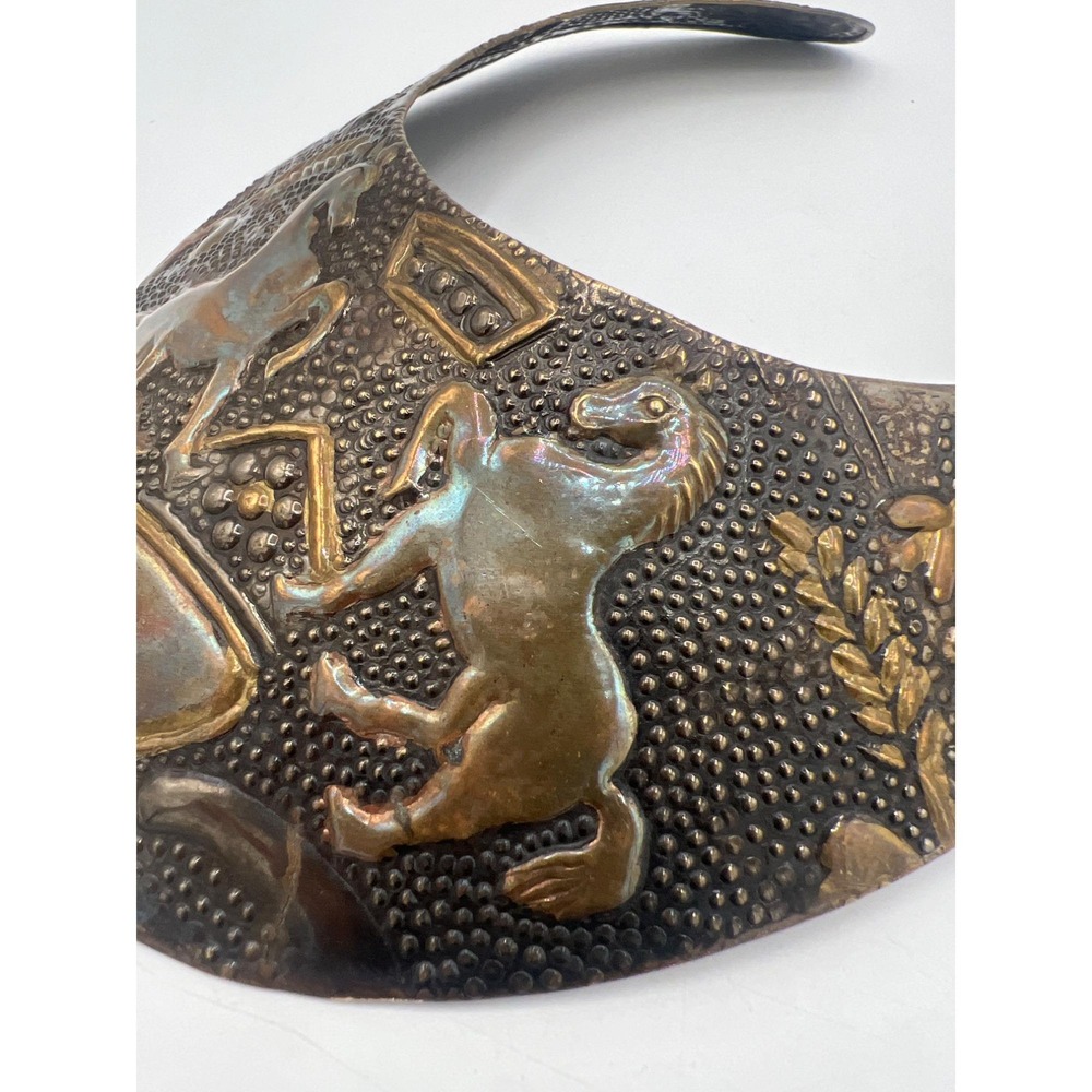 Vintage Brass Heraldic Gorget Collar Necklace Torque Repoussé Horses Shield - Picture 5 of 14